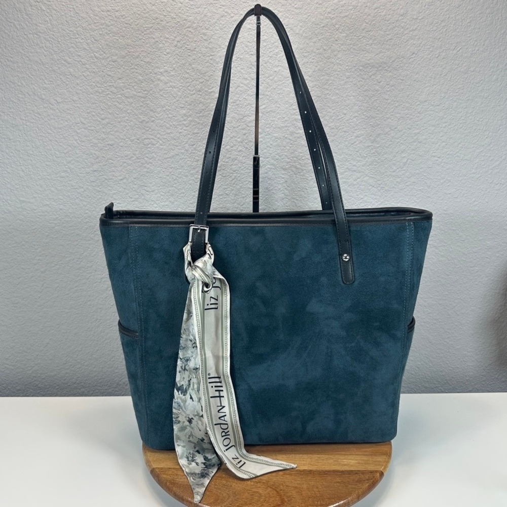 Liz Jordan-Hill Teal Microsuede Carryall Tote Bag Floral Scarf Adjustable Straps